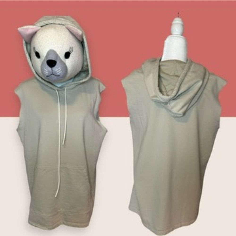 🍦 NWOT SLEEVELESS MUSCLE HOODIE KANGAROO POCKET CREAM LARGE NAP LOUNGEWEAR